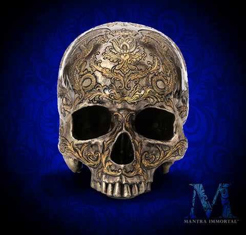 Bronze-Finished, Polystone Skull with Dragon Scrollwork