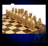 Personalized Chess Set with Historical Isle of Lewis Reproduction Game Pieces and Foldable Wooden Chess Board