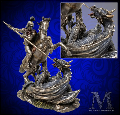 Statue of St George Slaying the Dragon (Mounted), Cold-Cast Bronze Finish, with Custom-Engraved Base