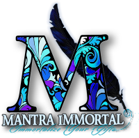 Decorative 'M' logo with colorful patterns and 'Mantra Immortal' text on a white background