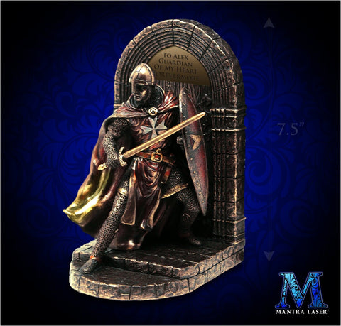 Medieval Knight Bookend - Bronzed Crusader Statue, Guarding with Sword and Shield