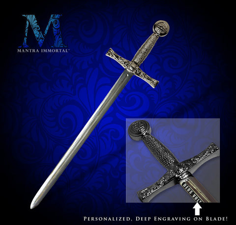 Personalized Letter Opener - Excalibur, Silver - Customized w/ up to 30 Characters of Deep-Engraved Custom Text - with Optional Stand