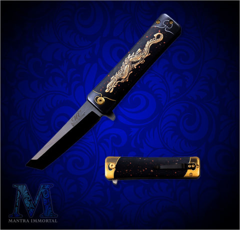 Tanto-Style Dragon Folding Knife - Spring-Assist - with Free Personalization