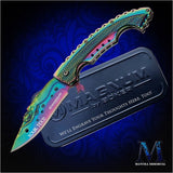 Mermaid Folding Knife, Iridescent Linerlock with Free Text Engraving on Both Blade and Aluminum Storage Case