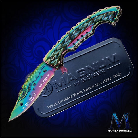 Mermaid Folding Knife, Iridescent Linerlock with Free Text Engraving on Both Blade and Aluminum Storage Case